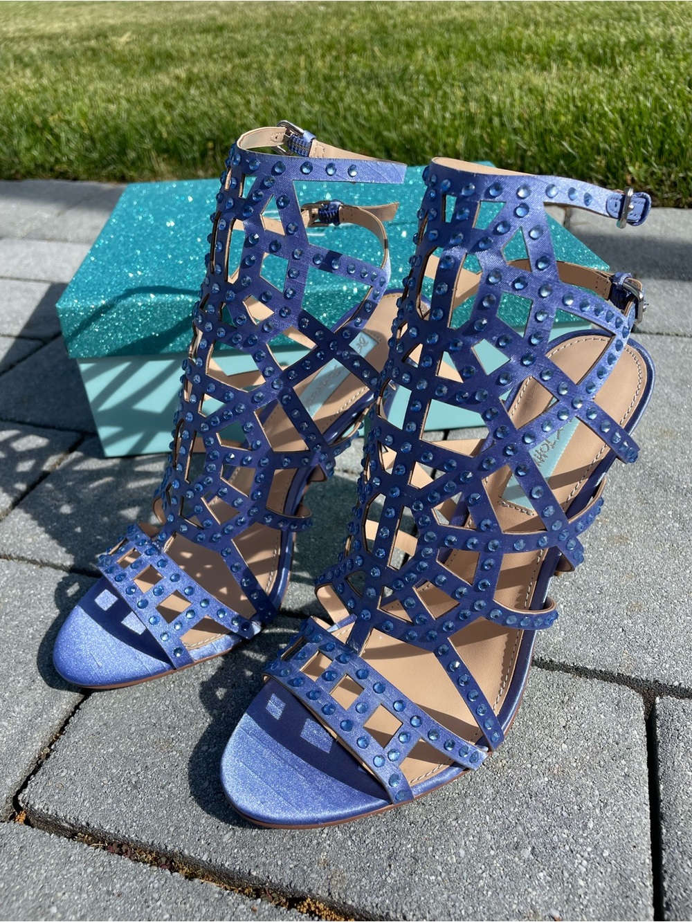 Women’s Betsey Johnson Blue Rhinestone Studded Cage High Heel Sandals 8